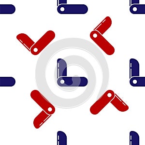 Blue and red Swiss army knife icon isolated seamless pattern on white background. Multi-tool, multipurpose penknife