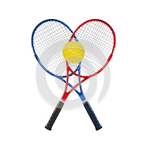 Blue and red tennis rackets and ball isolated white