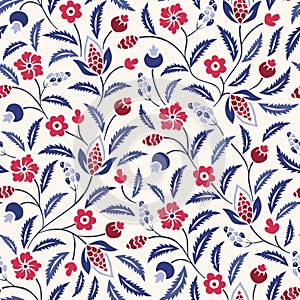 Blue and Red Traditional Chintz Floral Vector Seamless Pattern. Classic Background