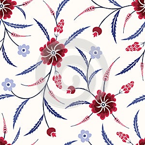 Blue and Red Traditional Chintz Floral Vector Seamless Pattern. Classic Background