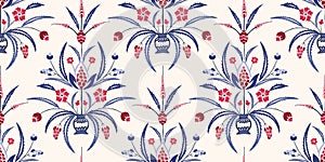 Blue and Red Traditional Damask Chintz Floral Vector Seamless Pattern. Classic Background