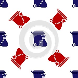 Blue and red Trash can and garbage bag icon isolated seamless pattern on white background. Garbage bin sign. Recycle