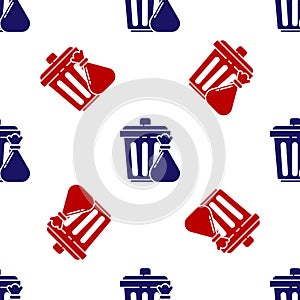 Blue and red Trash can and garbage bag icon isolated seamless pattern on white background. Garbage bin sign. Recycle
