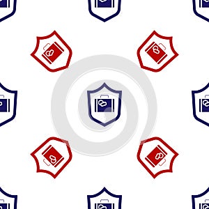 Blue and red Travel suitcase with shield icon isolated seamless pattern on white background. Traveling baggage insurance