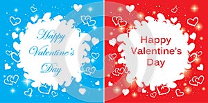 Blue and red valentine`s cards with hearts and sparks - vector backgrounds