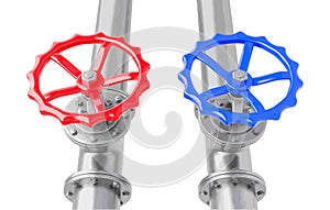 Blue and red valves on steel pipes from top view isolated on a white background.Vector illustration for business and industrial.