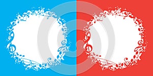 Blue and red vector music backgrounds with white center and musical notes