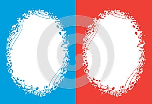 Blue and red vector music backgrounds with white oval center and musical notes