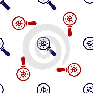 Blue and red Virus under magnifying glass icon isolated seamless pattern on white background. Corona virus 2019-nCoV