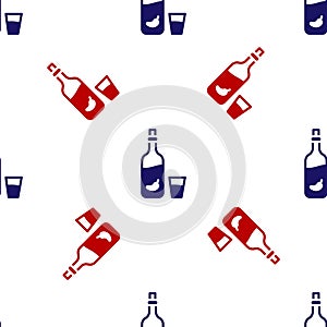 Blue and red Vodka with pepper and glass icon isolated seamless pattern on white background. Ukrainian national alcohol