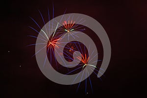 Blue, red and white fireworks against the backdrop of the night sky