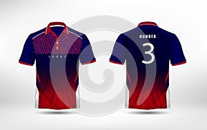 Blue, red and white lines layout football sport t-shirt, kits, jersey, shirt design template.