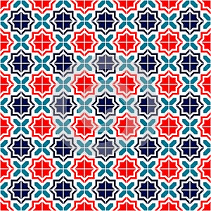 Blue red and white moroccan tiles seamless pattern, vector