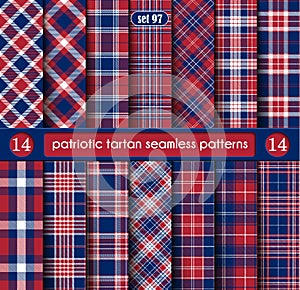 Blue, Red and White of Patriotic Tartan Seamless Patterns