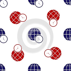 Blue and red World time icon isolated seamless pattern on white background. Clock and globe. Vector