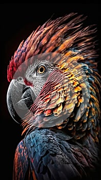 Blue red and yellow Macaw: close up picture isolated on black background. photo