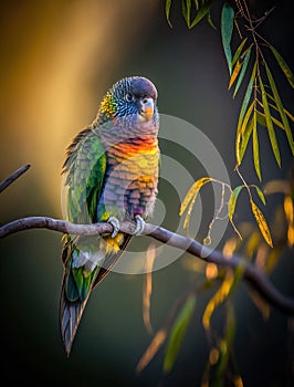 Blue red and yellow Macaw: close up picture isolated on branch in the forest. photo