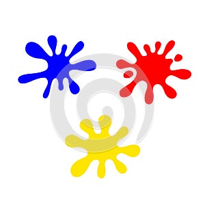 Blue red and yellow primary colors isolated on white background, primary colors for children learning art, drop splash of three