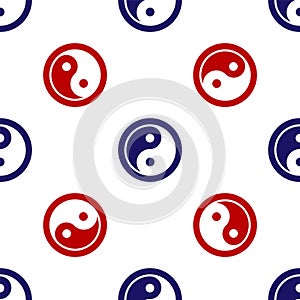 Blue and red Yin Yang symbol of harmony and balance icon isolated seamless pattern on white background. Vector