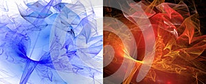 Blue and red zigzag veils hover over transparent funnels against white and black backgrounds. Set of abstract fractal backgrounds