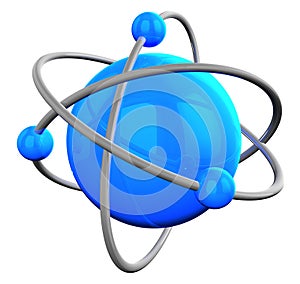 Blue reflective atom structure on white