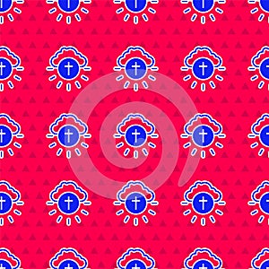 Blue Religious cross in the circle icon isolated seamless pattern on red background. Love of God, Catholic and Christian