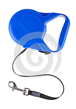 Blue retractable leash for dog top view