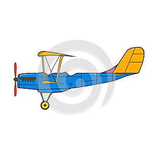 Blue retro aeroplane in cartoon style on white background