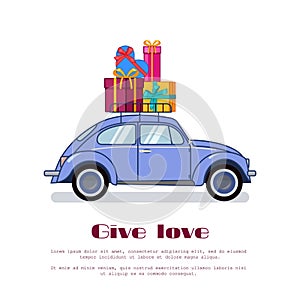 Blue retro beetle car with big colorful present boxes on trunk isolated on white background. Flat vector illustration