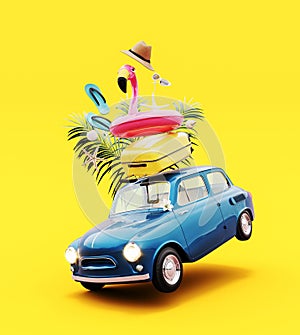 Blue retro car jumping with luggage and summer accessories on vibrant yellow background.