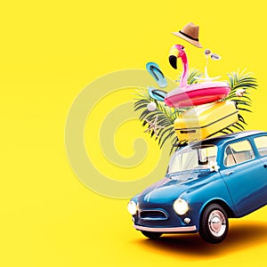 Blue retro car with luggage and summer accessories on vibrant yellow background with copy space.