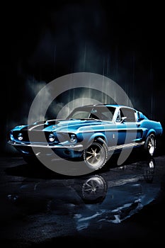 Blue Retro Ford Mustang Shelby GT350 Front View Against a Dark Background