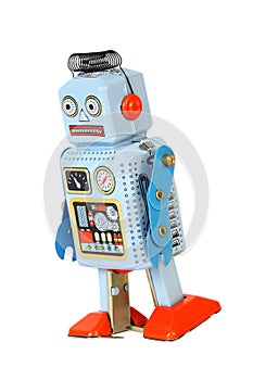 Blue retro mechanical robot toy walks isolated