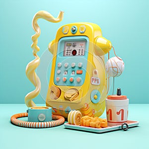 Blue retro phone call yellow dial pink technology vintage classic old telephone