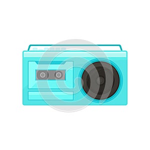 Blue retro radio with handle. Vintage cassette recorder with buttons on top. Old-school music player. Flat vector design