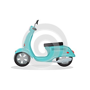 Blue retro scooter. Side view. Detailed image of an old motorcycle. Moped vector illustration isolated on white. Transport. Design