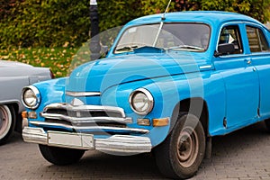 Blue retro soviet car GAZ-M20 Pobeda Victory