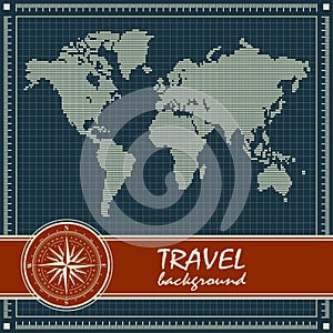 Blue retro travel background with world map