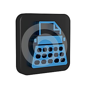 Blue Retro typewriter and paper sheet icon isolated on transparent background. Black square button.