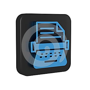 Blue Retro typewriter and paper sheet icon isolated on transparent background. Black square button.