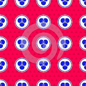 Blue RGB and CMYK color mixing icon isolated seamless pattern on red background. Vector