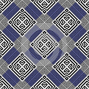 Blue rhombus elegant ornamental greek key meanders geometric traditional seamless pattern. Waffle ornament. Trendy patterned