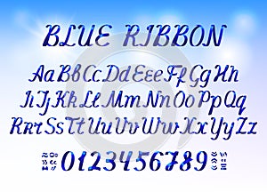 Blue ribbon alphabet letters and numbers on light blue background