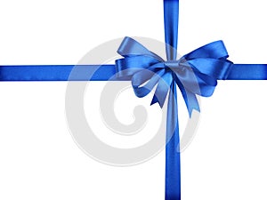 Blue ribbon with a bow as a gift on a white