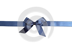 Blue ribbon with bow on white background.