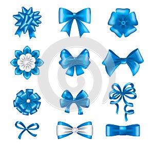 Blue ribbon bows set. Silk satin gift bows realistic vector