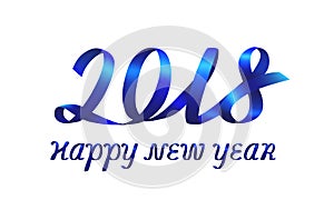 Blue ribbon inscription Happy New Year 2018