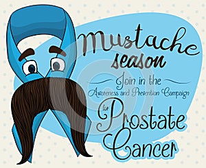 Blue Ribbon with Mustached Face for Prostate Cancer Campaign, Vector Illustration
