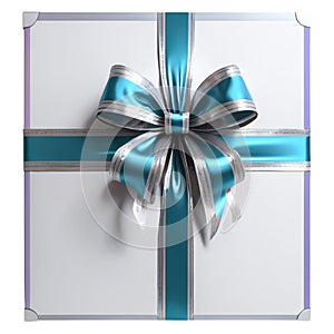 blue ribbon with silver and bow around a white gift box