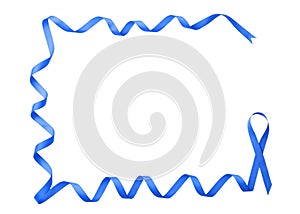 Blue ribbon on white background, top view. Colon cancer awareness concept photo